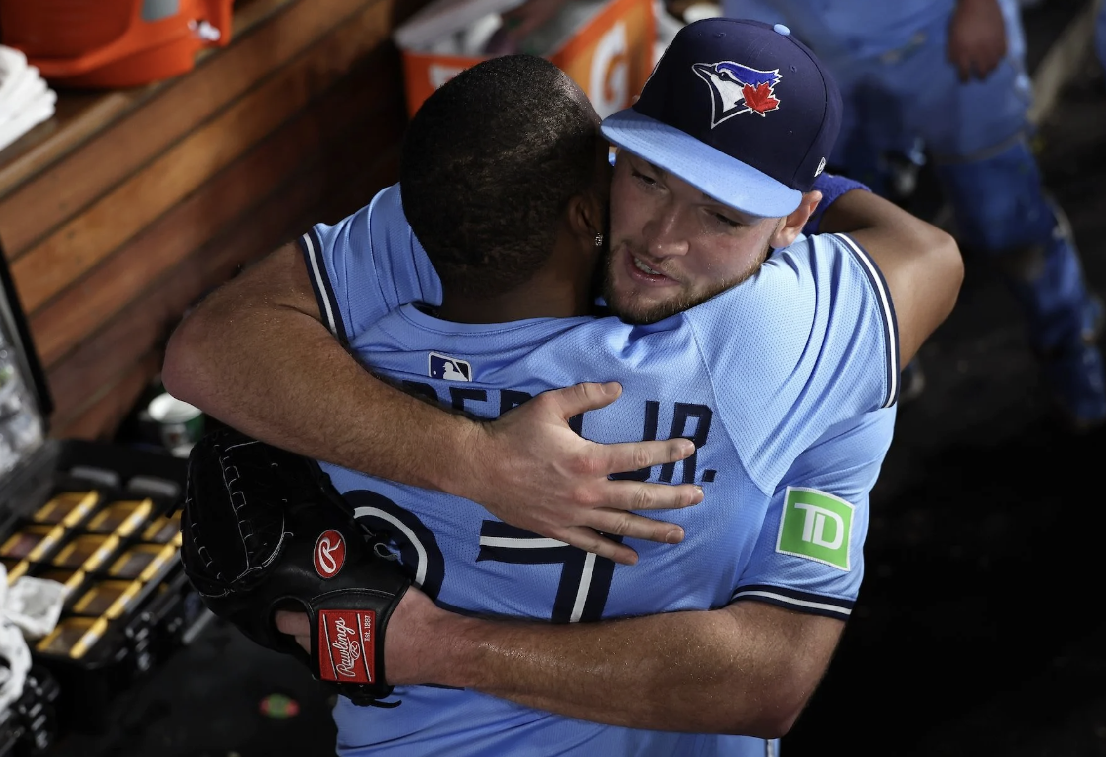 Toronto Blue Jays teammates Vladimir Guerrero Jr. and Trey David Yesavage embrace after World Series game – symbolizing connection, resilience, and performance mindset celebrated by The Design Your Life Centre in Toronto