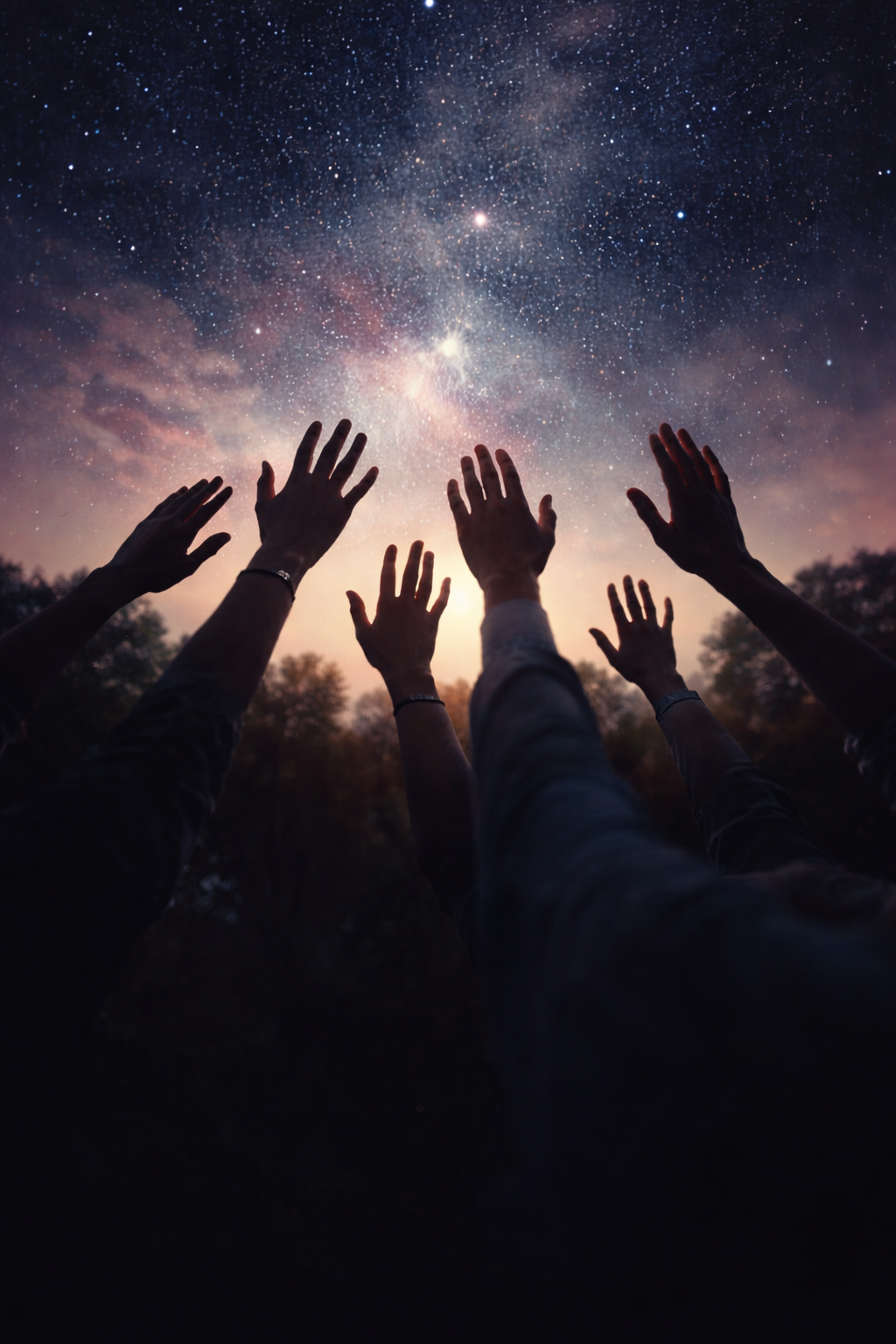 Silhouetted hands reaching upward toward a star-filled night sky, symbolizing collective intention, unity, and shared human potential.